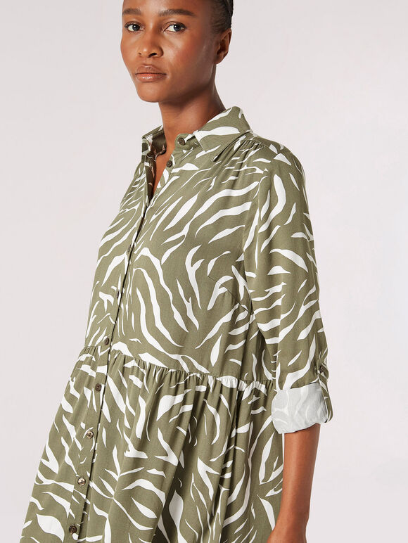 Zebra Print Shirt Mini Dress, Khaki, large