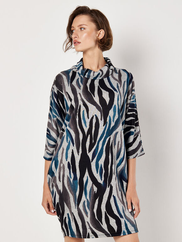 Zebra Soft Touch Cocoon Mini Dress, Teal, large