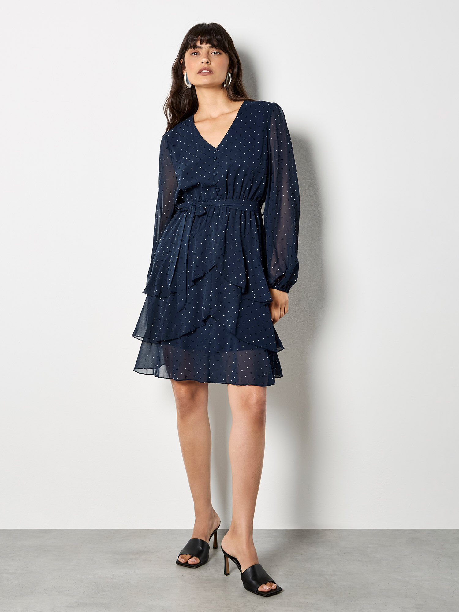 Diamante Embellished Chiffon Tiered Mini Dress | Apricot Clothing