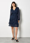Diamante Embellished Chiffon Tiered Mini Dress, Navy, large