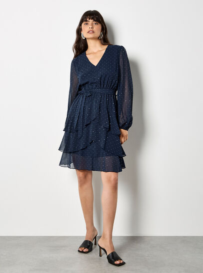 Diamante Embellished Chiffon Tiered Mini Dress