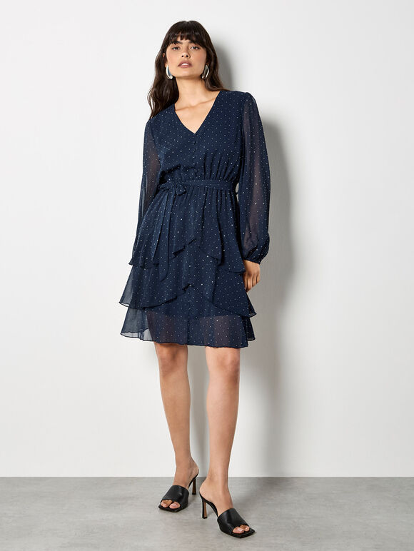 Diamante Embellished Chiffon Tiered Mini Dress, Navy, large