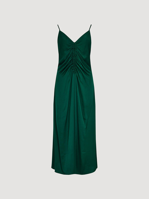 Ruched Satin A-Line Midi Dress, Green, large