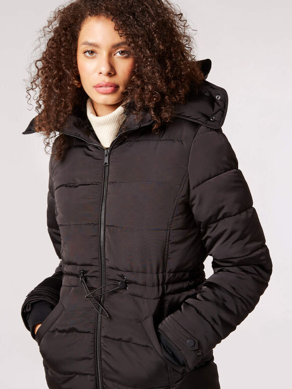 Faux Fur Hood Puffer Jacket, Black, large