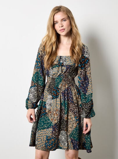 Patchwork Print Boho Mini Dress