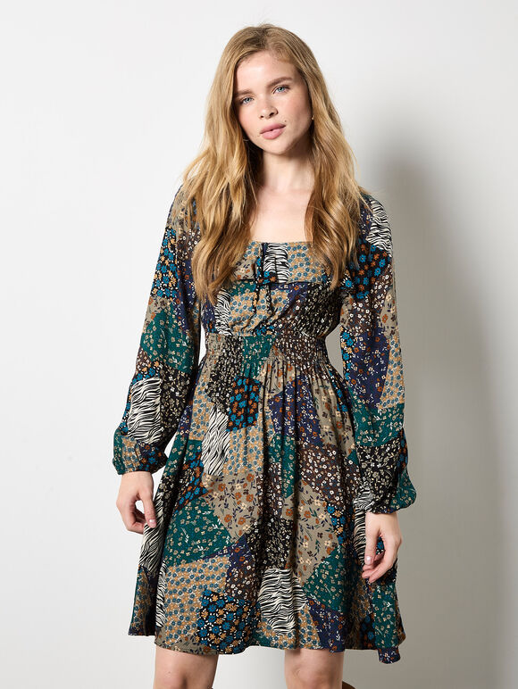 Patchwork Print Boho Mini Dress, Khaki, large