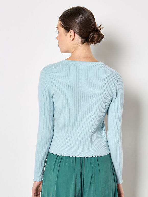 Ribbed Knit Scalloped Cardigan, Blue, large