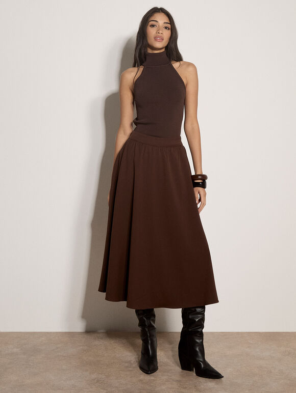 Brushed Twill A-Line Midi Skirt, Brown, large