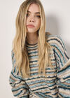 Multicoloured Stripe Aran Jumper, Teal, large