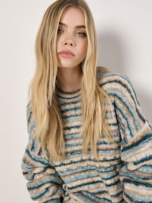 Multicoloured Stripe Aran Jumper, Teal, large