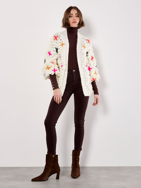 Chunky Knit 3D Flower Cardigan, Cream, large