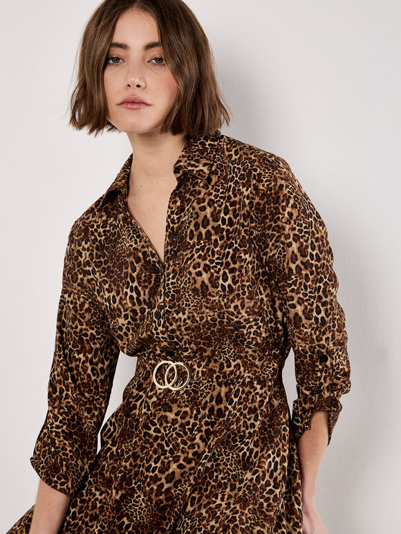 Animal Print Crepe Shirt Mini Dress, Brown, large