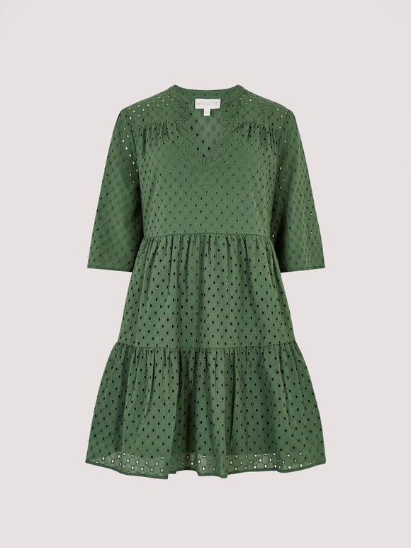 Broderie Anglaise Mini Dress, Khaki, large