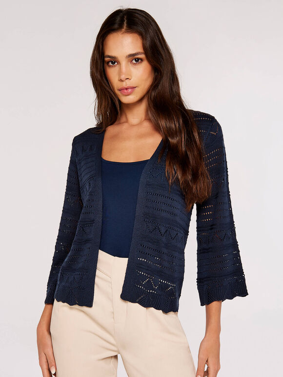 Pointelle Patterned Cardigan, Navy, large
