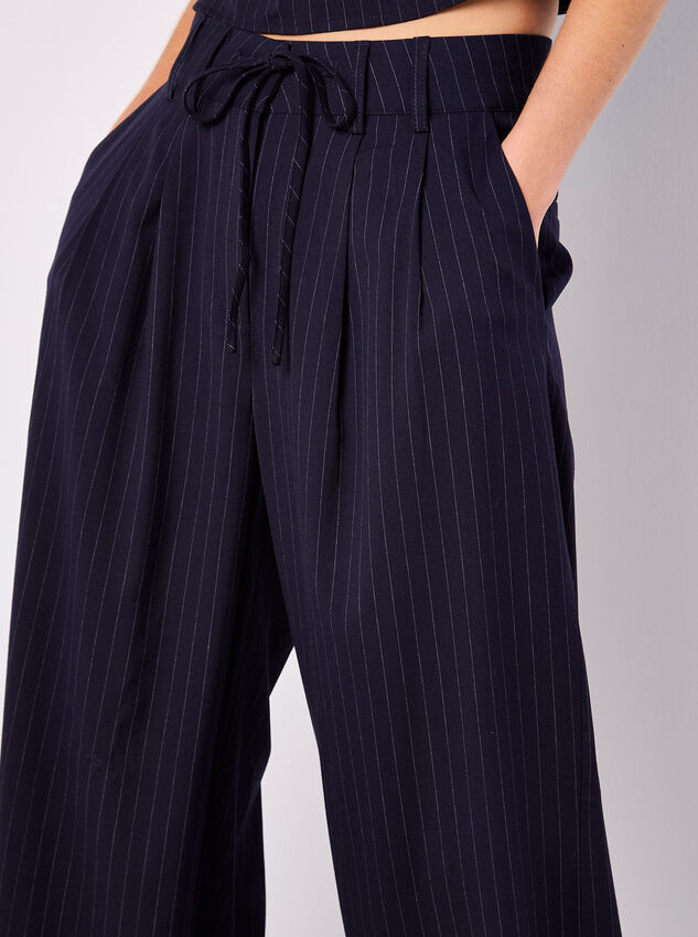 Pinstripe Wide Leg Tailored Trousers, Navy, large