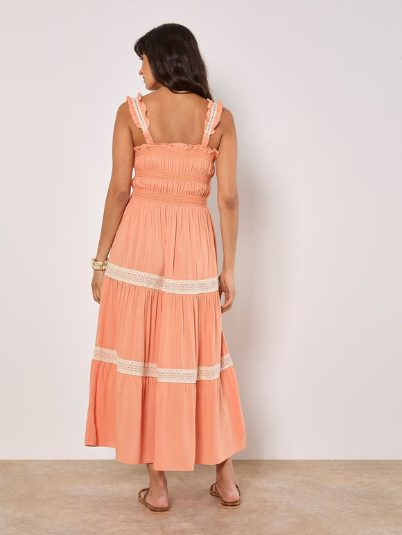 Crochet Lace Tiered Midi Dress, Coral, large