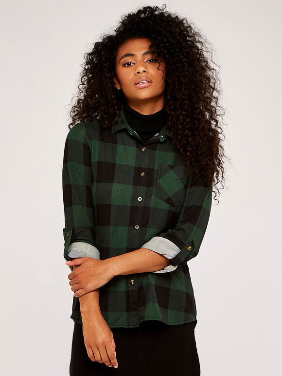 Gingham Fleece Lined Shirt, Green, large