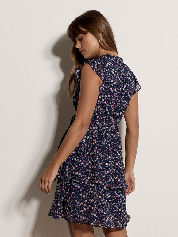Ditsy Floral Chiffon Mini Dress, Navy, large