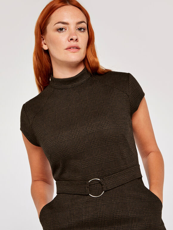 Dogtooth Squared Jacquard Dress, Brown, large