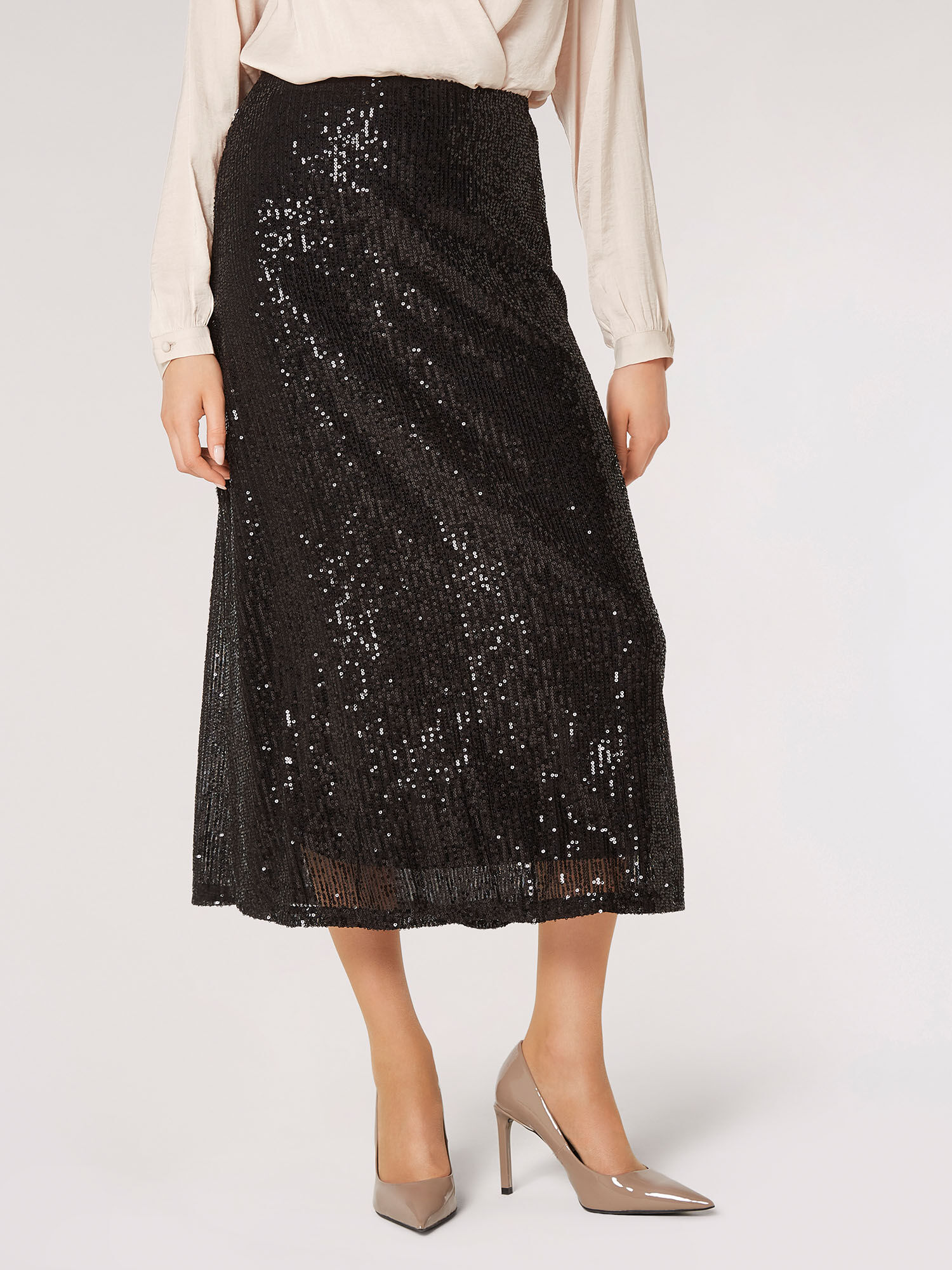Black knee length sequin skirt cheap