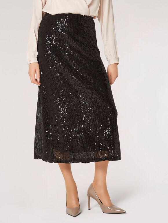 Sequin Sparkle Midi Skirt, Black, large