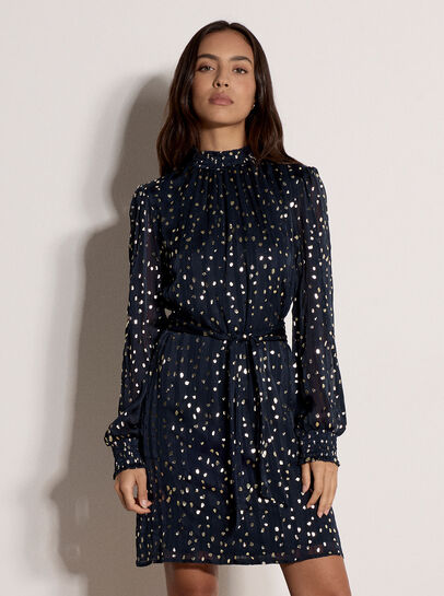 Gold Foil Spot Self-Stripe Mini Dress