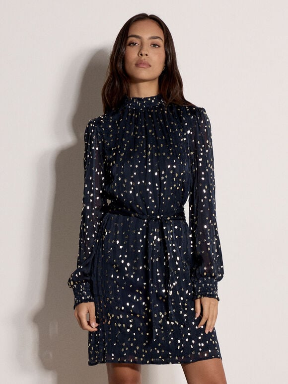 Gold Foil Spot Self-Stripe Mini Dress, Navy, large