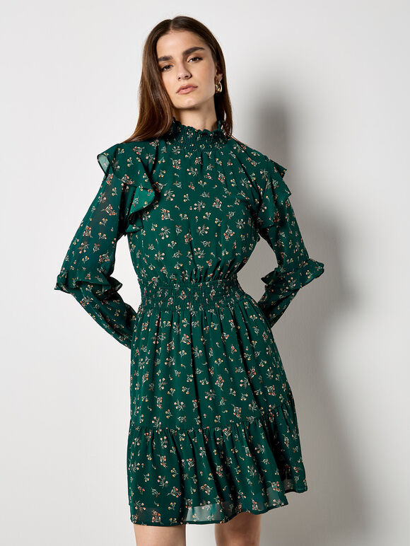 Ditsy Floral Chiffon Tiered Mini Dress, Green, large