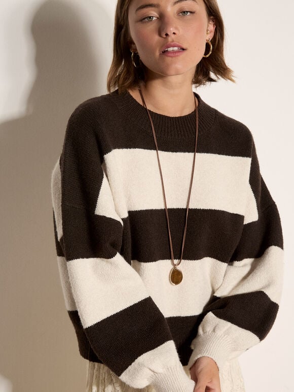 Chunky Knit Stripe Oversized Jumper, Brown, large