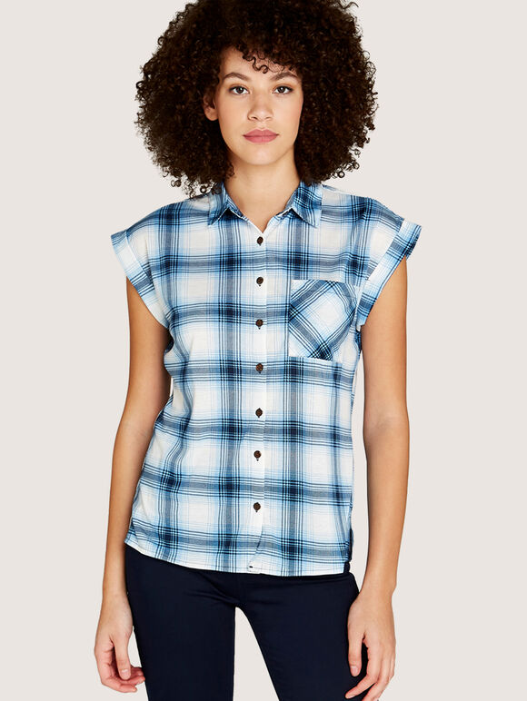 Blue Window Plaid Turn Up Sleeve Shirt, Blue, large