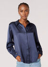 Oversized Satin Shirt, Navy, large