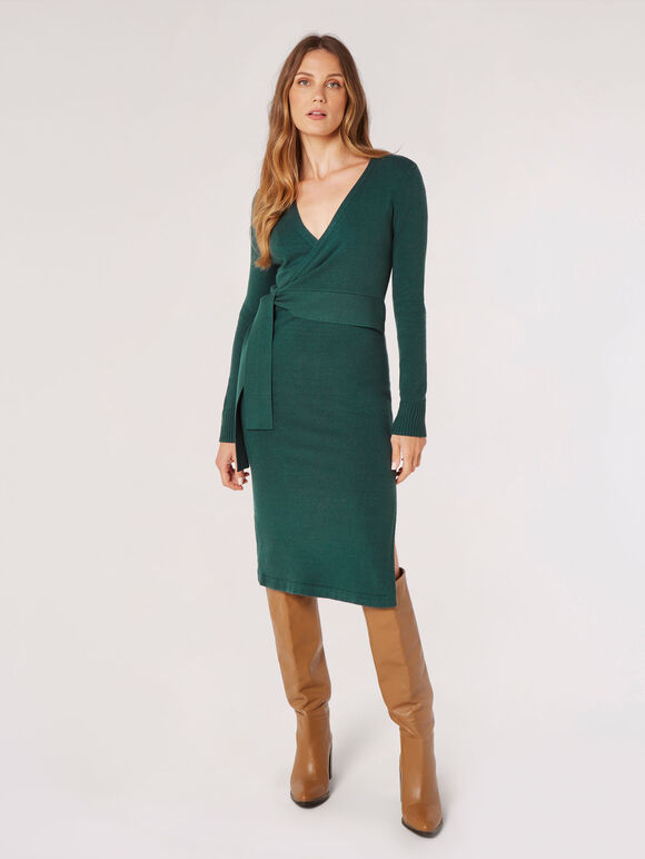 Knitted Wrap Midi Dress, Green, large