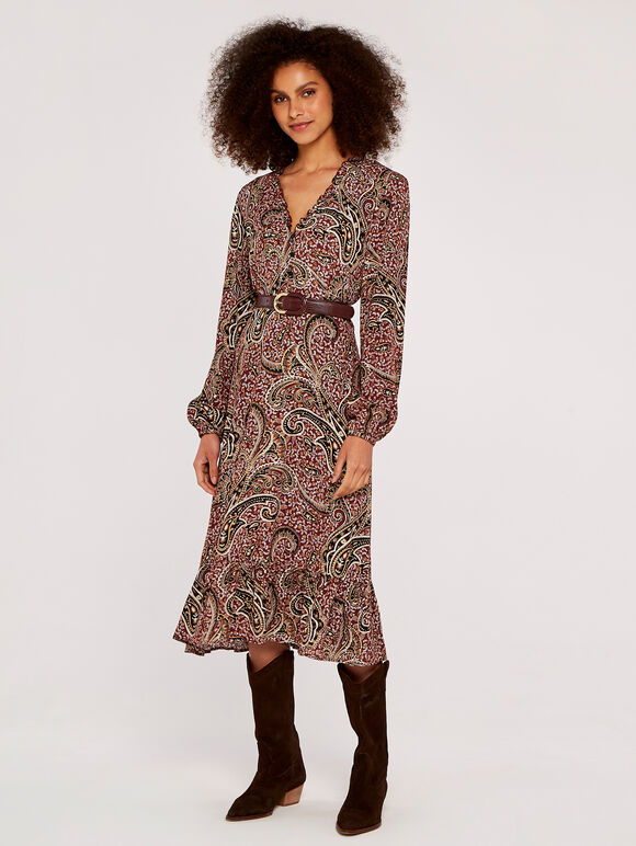 Paisley Midi Dress, Burgundy, large
