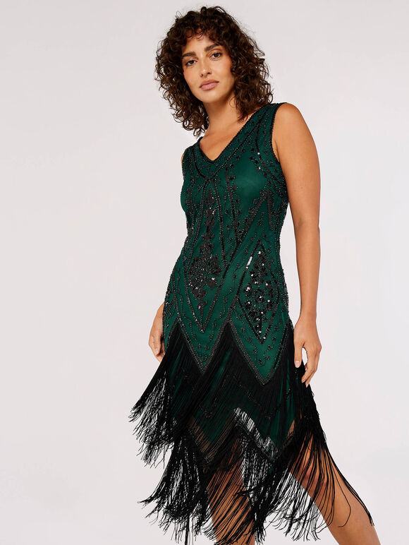 Sequin Tassel Fringe Mini Dress , Green, large