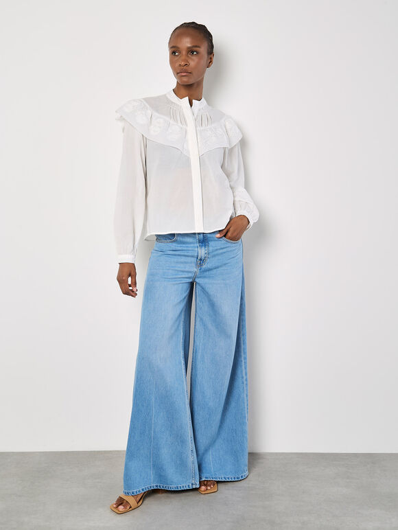 Embroidered Ruffle Shirt, White, large