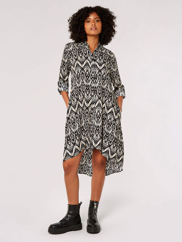 Diamond Print Shirt Mini Dress, Black, large