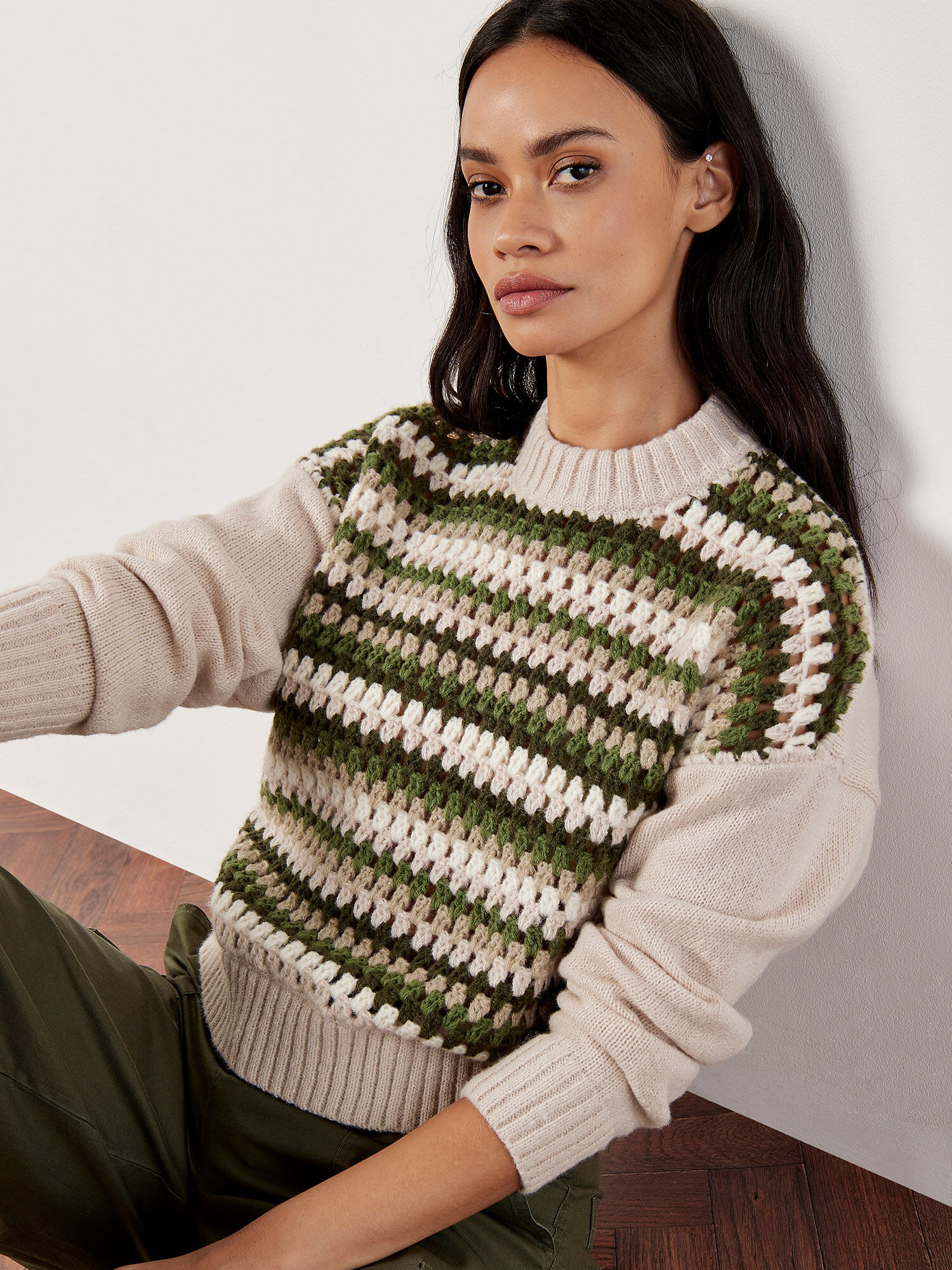 Crochet Stripes Panel Jumper Apricot Clothing