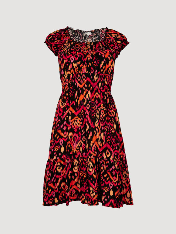Colourful Ikat Milkmaid Mini Dress, Black, large