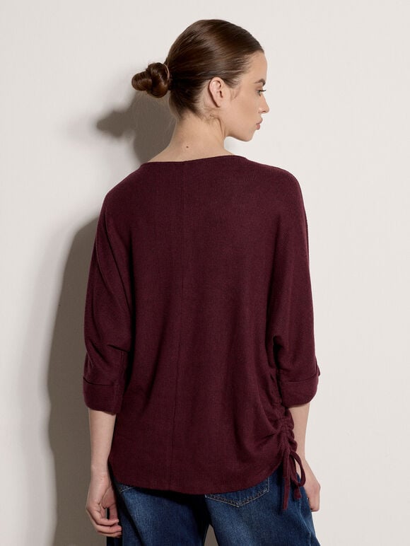 Soft Touch Drawstring Batwing Top, Burgundy, large