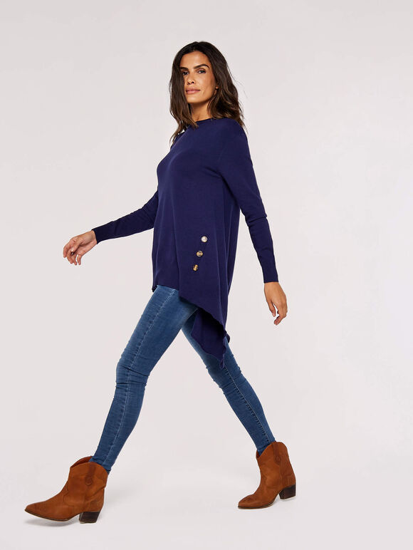 Longline Side Button Jumper, Navy, large