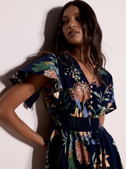 Botanical Floral Smocked Midi Dress