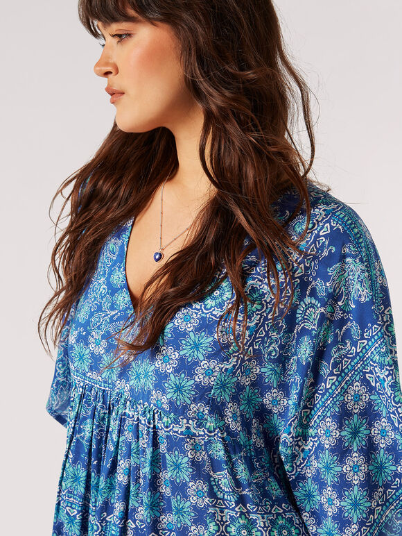 Patchwork Kaftan Mini Dress, Blue, large