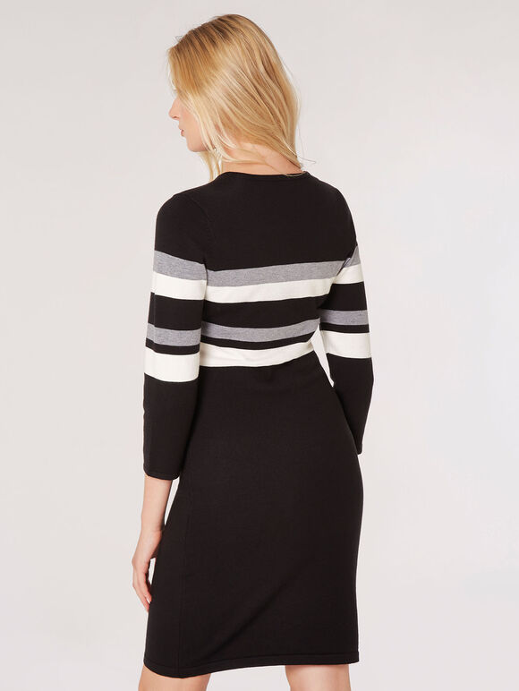 Striped Knitted Jumper Mini Dress, Black, large