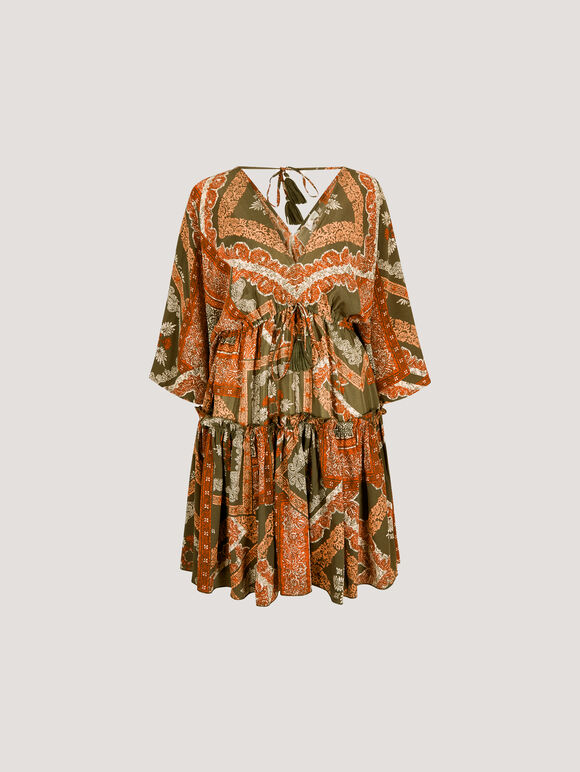 Satin Scarf Print Kaftan Mini Dress, Khaki, large