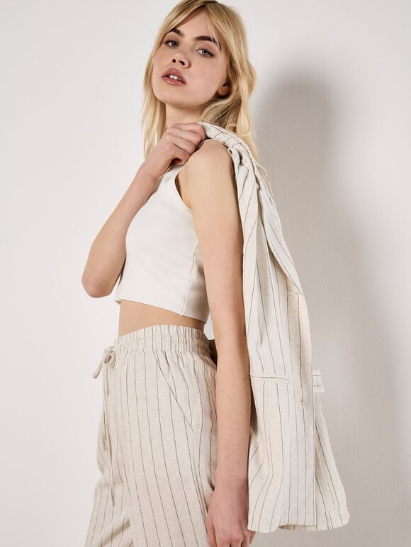 Longline Woven Pinstripe Waistcoat, Stone, large