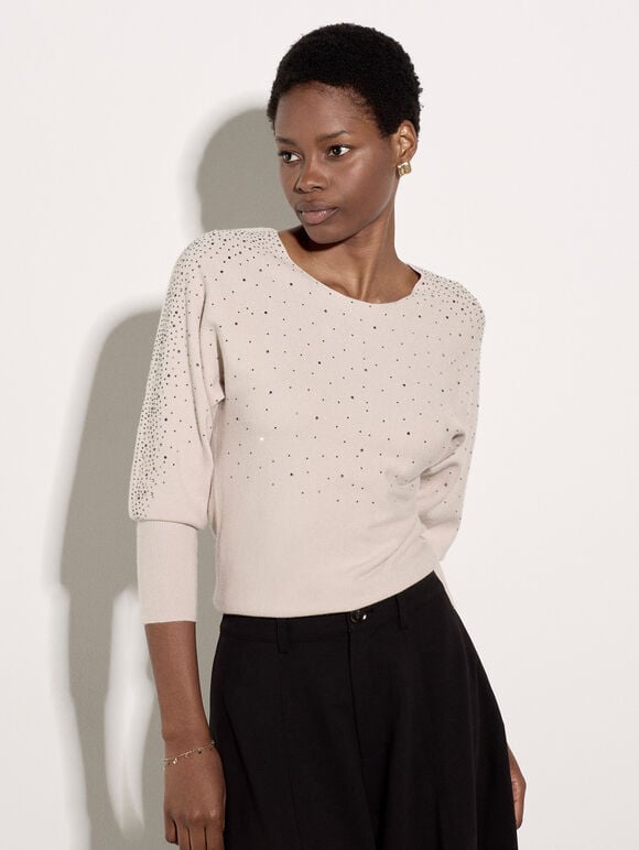 Diamante Ribbed Batwing Jumper, Stone, large