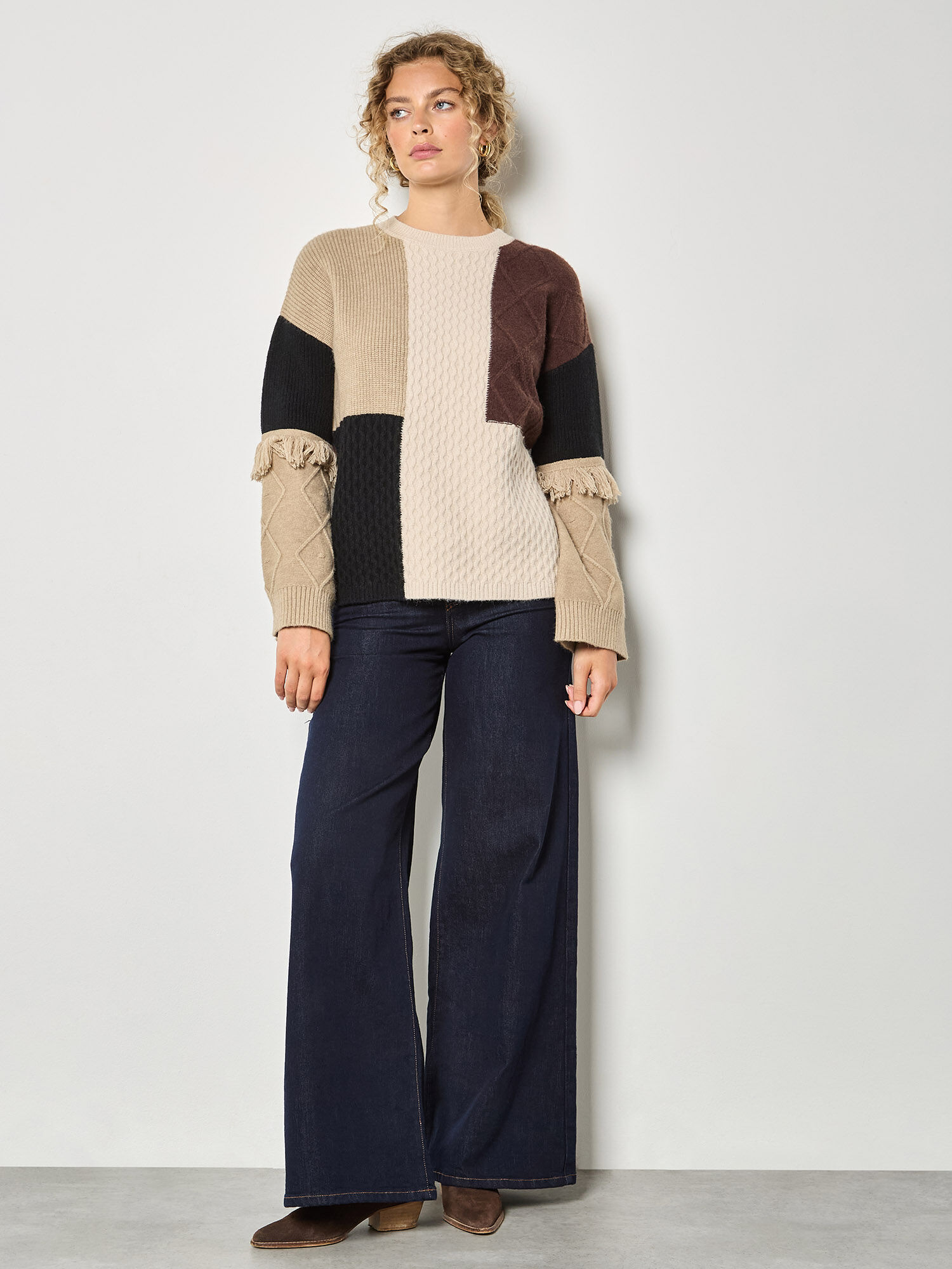 Mixed Cable Knit Patchwork Jumper | Apricot Clothing