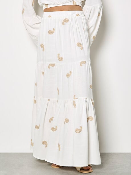 Paisley Embroidery Linen Blend Tiered Maxi Skirt