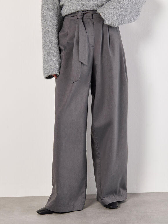 Wide-Leg Tailored Trousers, Dark Grey - Charcoal, large