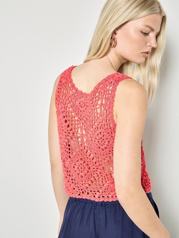 Diamond Hand-Knit Crochet Crop Top, Red, large